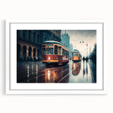 Abstract art print featuring assorted service vehicles in muted tones on a white framed mat, suitable for dining room decor.