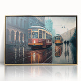 Mid-century modernist style large art print featuring a colorful assortment of service vehicles on acrylic.