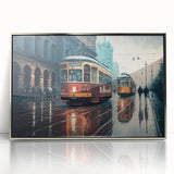 Mid-century modernist art deco poster featuring a collection of stylized service vehicles in silver, gray.