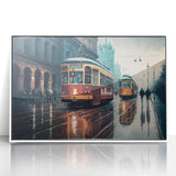 Art deco style poster of assorted vintage service vehicles in muted earth tones, framed acrylic, ideal for nursery wall art.