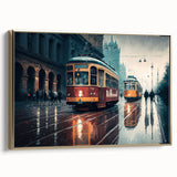 Framed canvas featuring a vintage poster of black landscape art with service vehicles, ideal for bedroom decor.