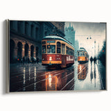 Framed canvas featuring a vintage poster of colorful service vehicles in a row against a black background.