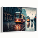 Vintage poster art of colorful service vehicles on black background, framed canvas, ideal for living room decor.