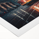 Art deco poster of vintage cars in muted gold and navy tones on rolled canvas, suitable for a dining room setting.