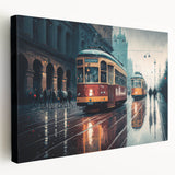 Large canvas depicting a collection of colorful vintage service vehicles, ideal for kitchen wall art.