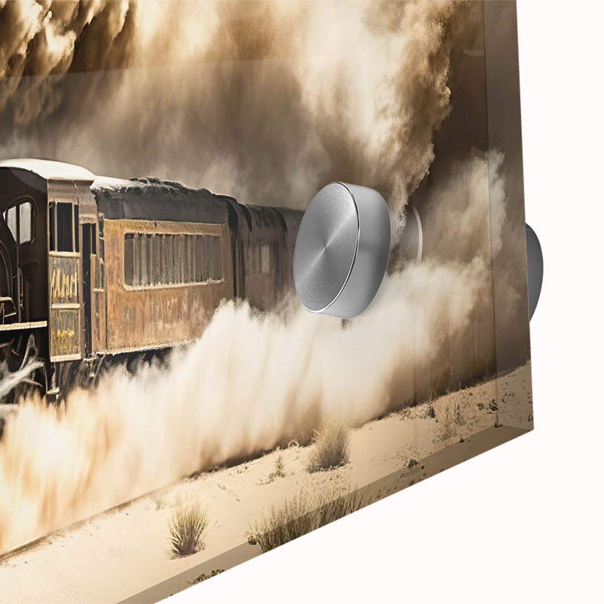 Large abstract wall art featuring mid-century modernist style service vehicles in muted colors, ideal for dining room decor.