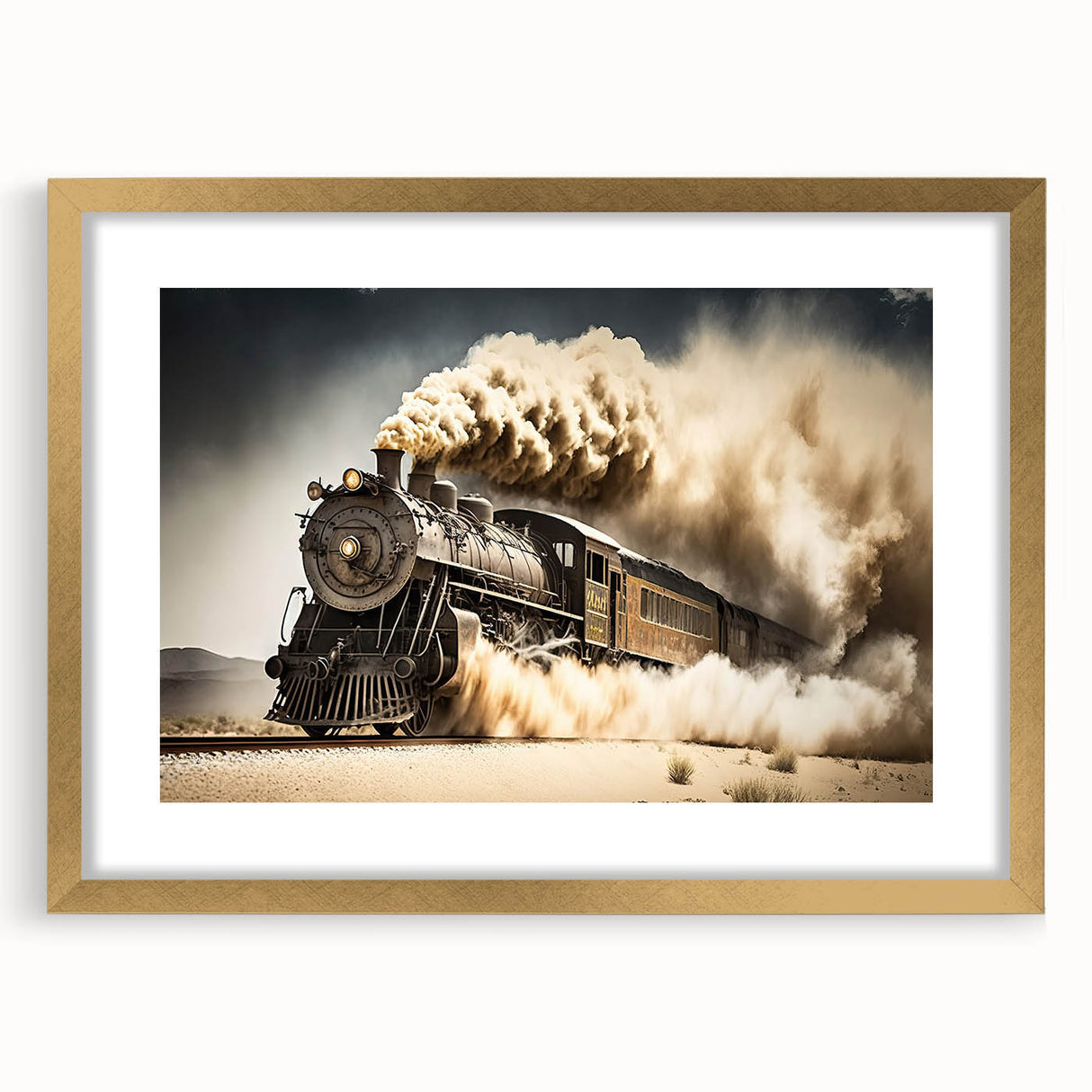 Extra large abstract art print of service vehicles in textured shades of gray and black on a gold-framed canvas.