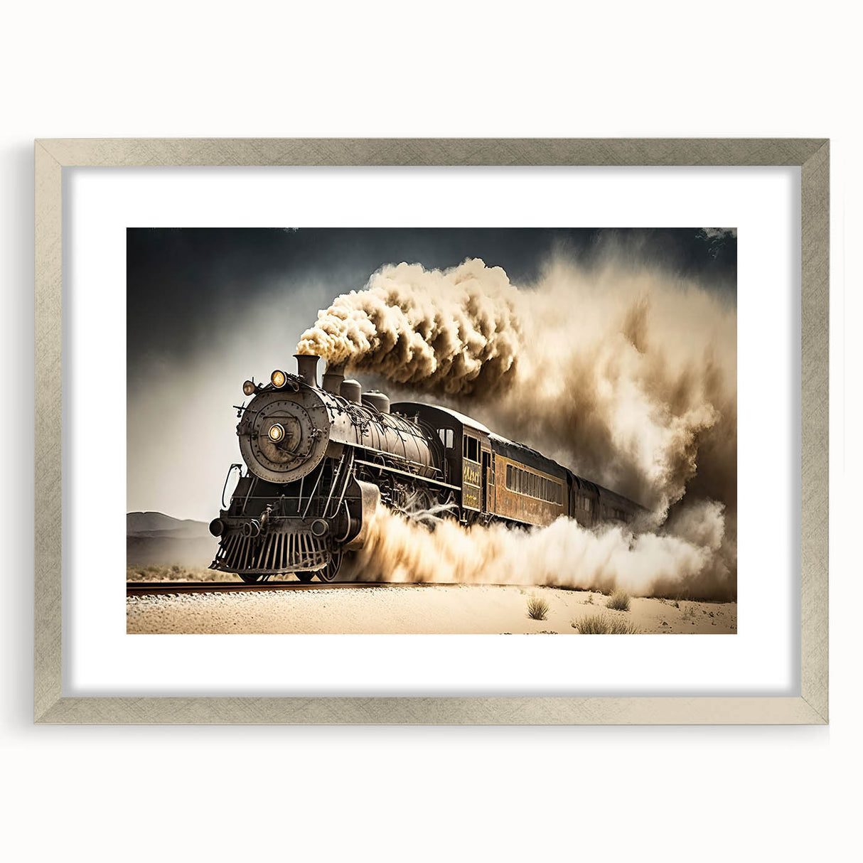Textured art print of abstract service vehicles in muted gray, ideal for modern bedroom decor, silver framed with mat.