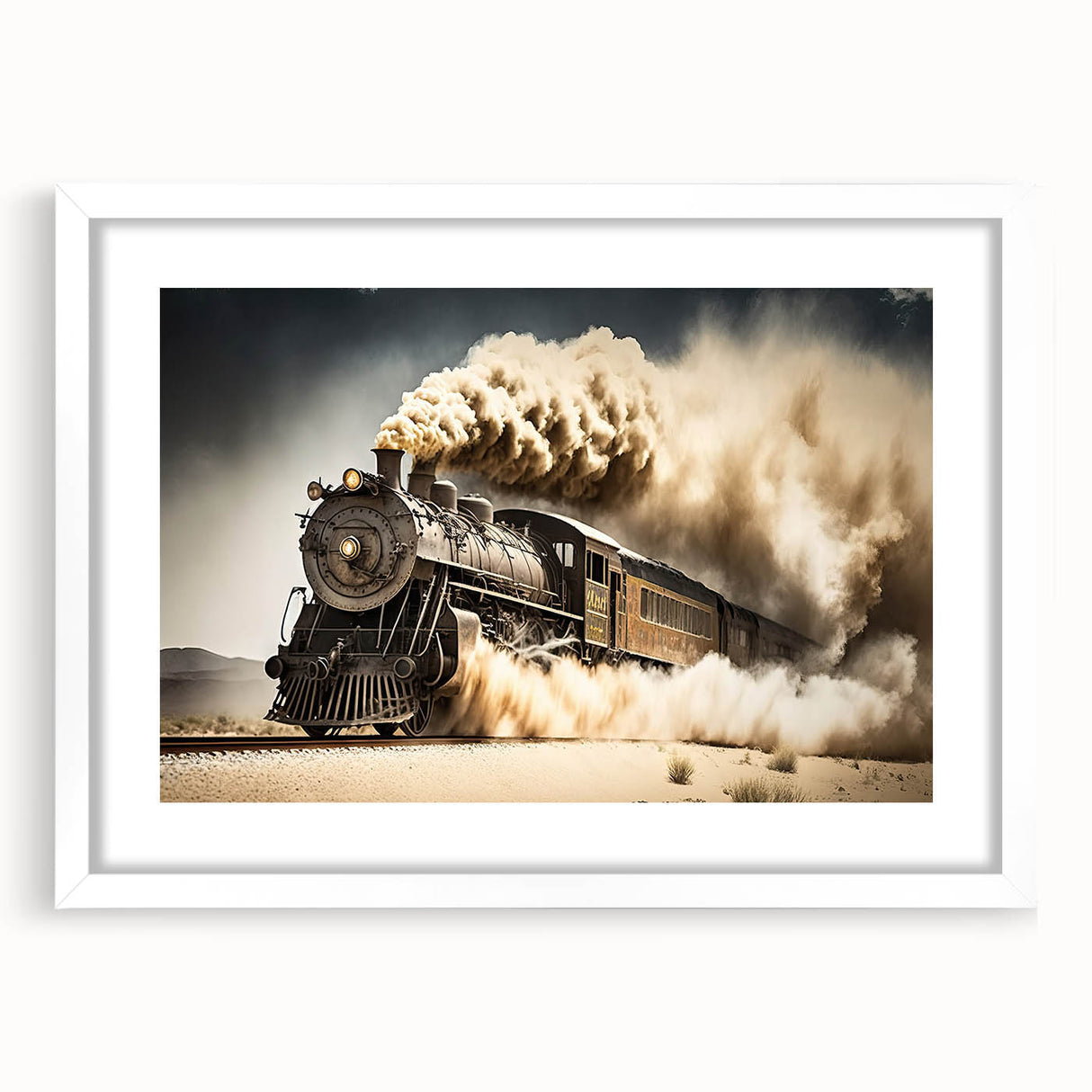 Abstract art print of assorted service vehicles in muted gray and blue tones on a framed white canvas.