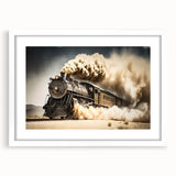 Abstract art print of assorted service vehicles in muted gray and blue tones on a framed white canvas.
