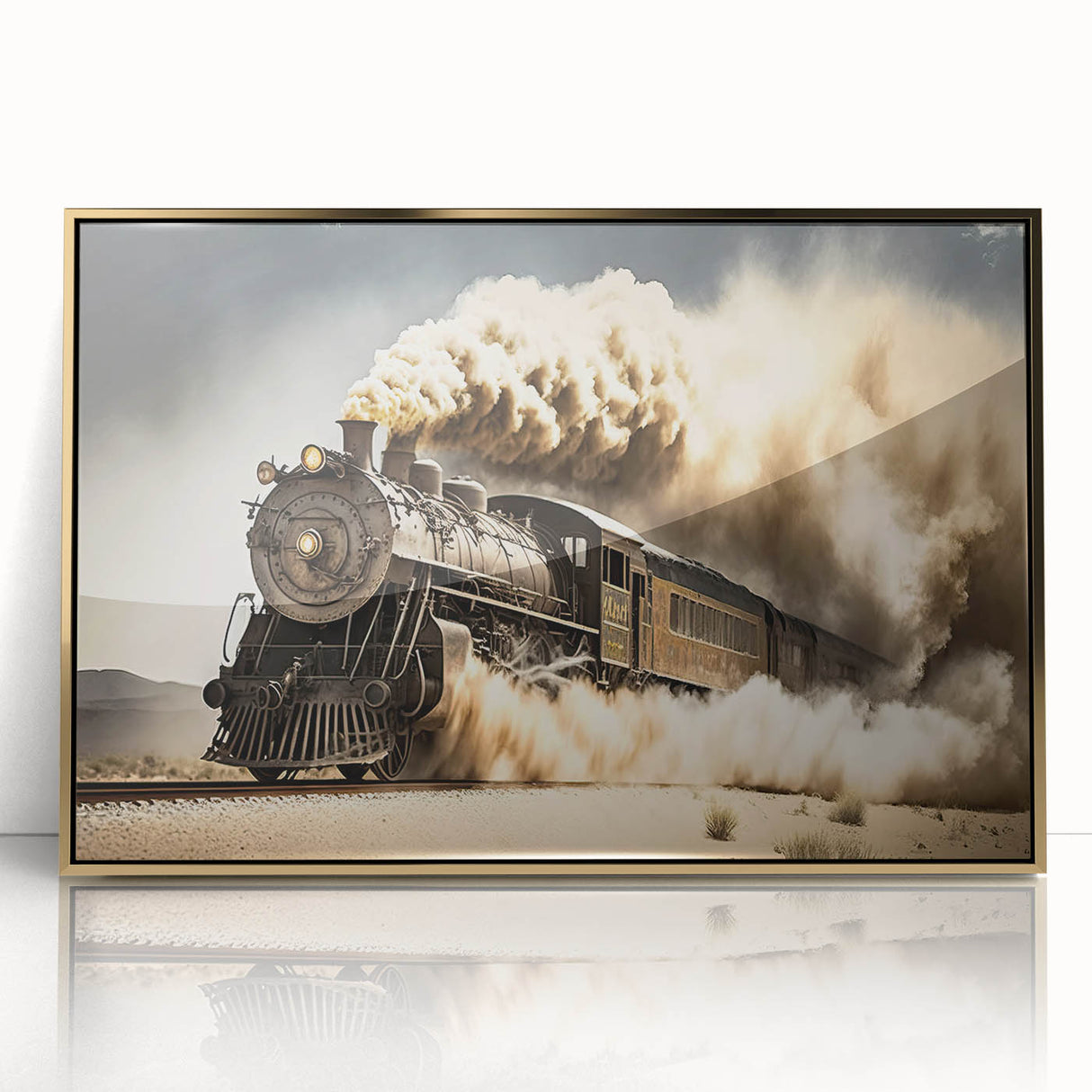 Mid-century modernist style acrylic print of colorful service vehicles, framed in gold, suitable for nursery wall decor.