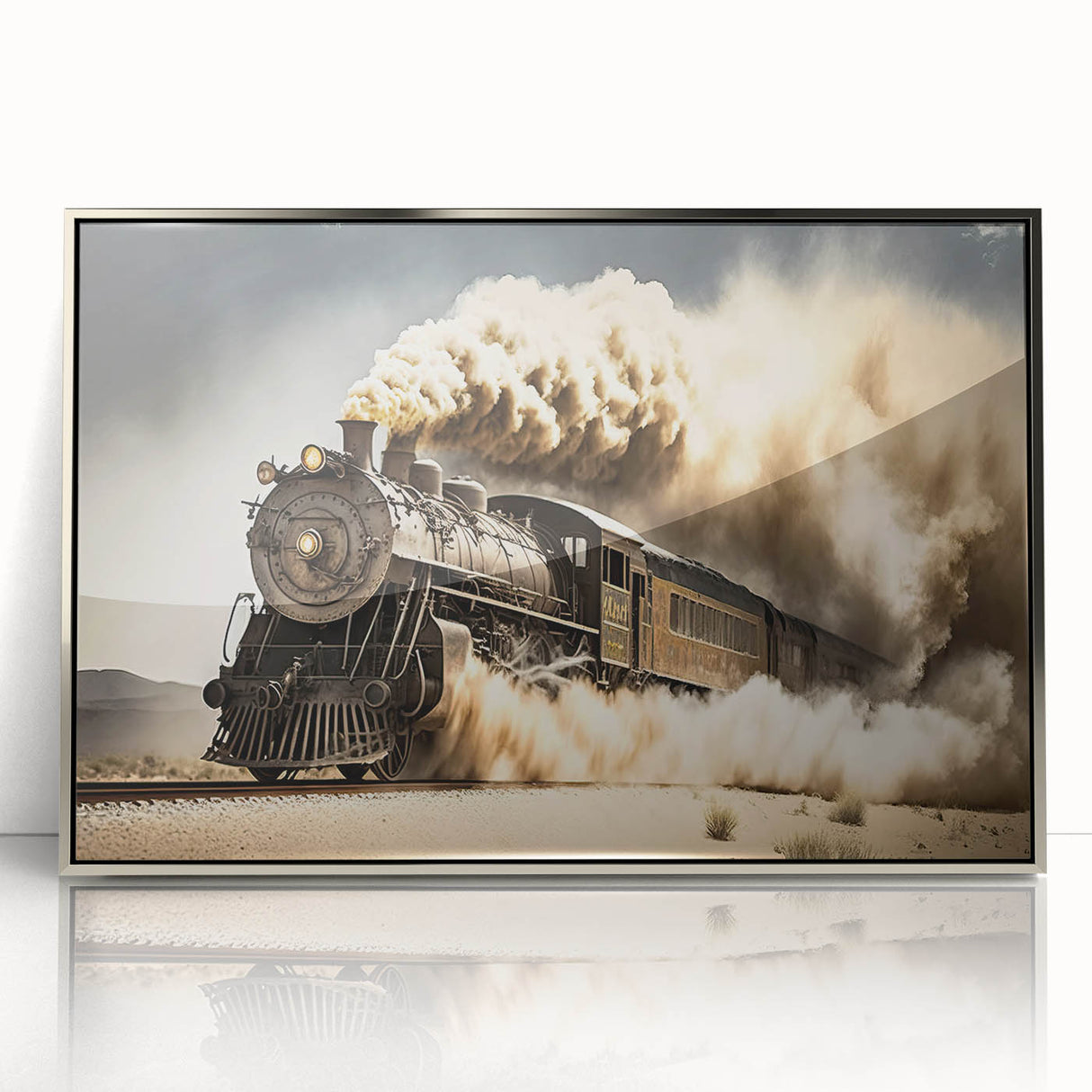 Mid-century modernist art of a silver service vehicle on acrylic, framed, in muted colors, ideal for nursery wall art.