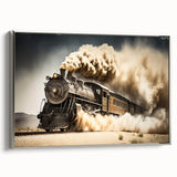 Landscape art painting of vintage vehicles in monochrome with colorful accents, framed canvas.