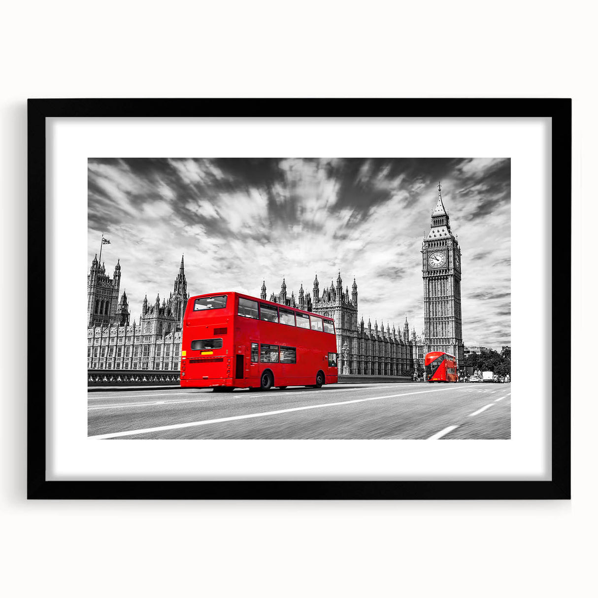 Extra large abstract art print of colorful, textured service vehicles on a black framed canvas, ideal for living room decor.