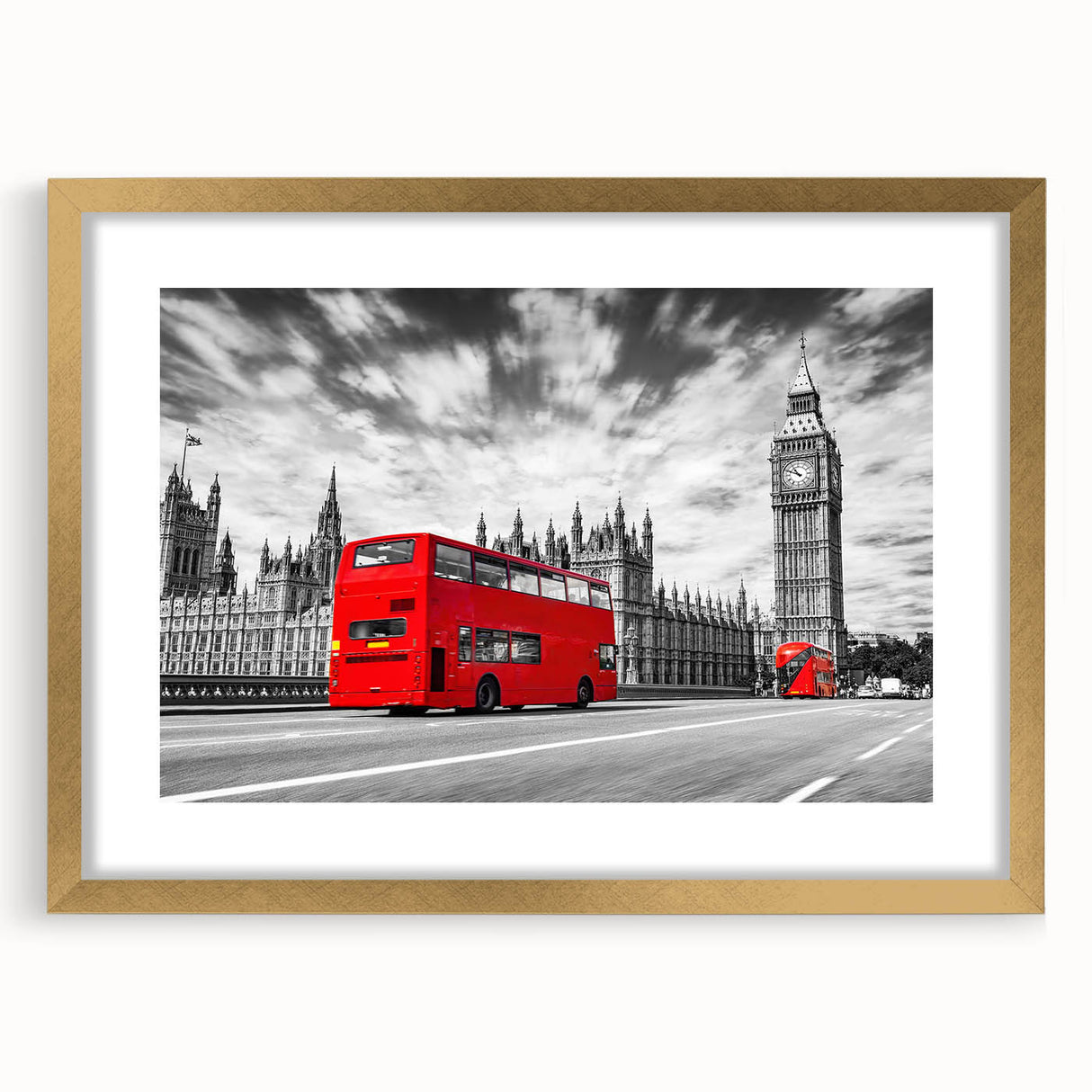 Extra large abstract art print featuring textured design of service vehicles in gold frame, suited for living room decor.