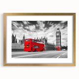 Extra large abstract art print featuring textured design of service vehicles in gold frame, suited for living room decor.