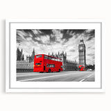 Abstract art print of colorful service vehicles on white framed canvas, suitable for dining room decor.