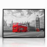 Large abstract wall art of colorful service vehicles in a mid-century modernist style, framed in black acrylic.