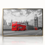 Mid-century modernist art featuring various service vehicles in bold primary colors on a gold-framed acrylic.