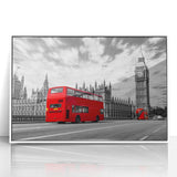 Art deco poster of colorful vintage vehicles on a white acrylic frame, ideal for nursery wall decor.