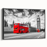 Black and white vintage poster art of service vehicles on a framed canvas, suitable for bedroom wall decor.