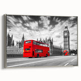 Landscape art painting of colorful vintage vehicles, framed canvas in black, ideal for office decor.