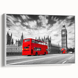 Vintage poster art of colorful service vehicles on a black background, framed canvas, ideal for living room decor.