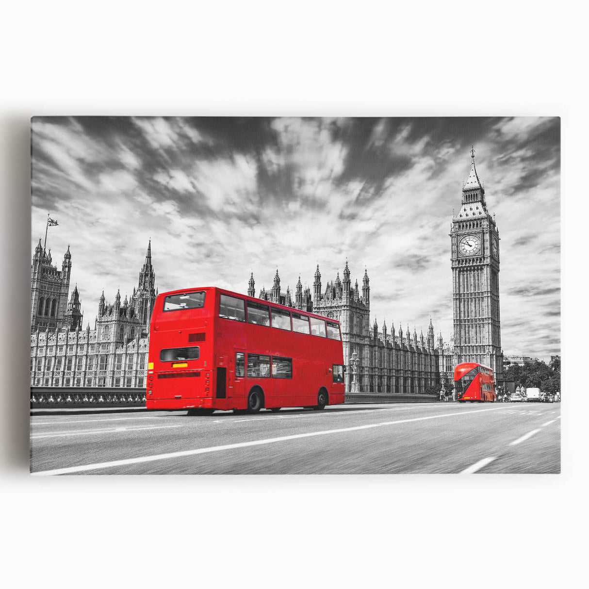 Black and white print of various service vehicles on a stretched canvas, ideal for kitchen wall art.