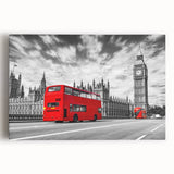 Black and white print of various service vehicles on a stretched canvas, ideal for kitchen wall art.