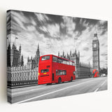 Stretched canvas print of assorted service vehicles in primary colors, suitable for large kitchen wall art.