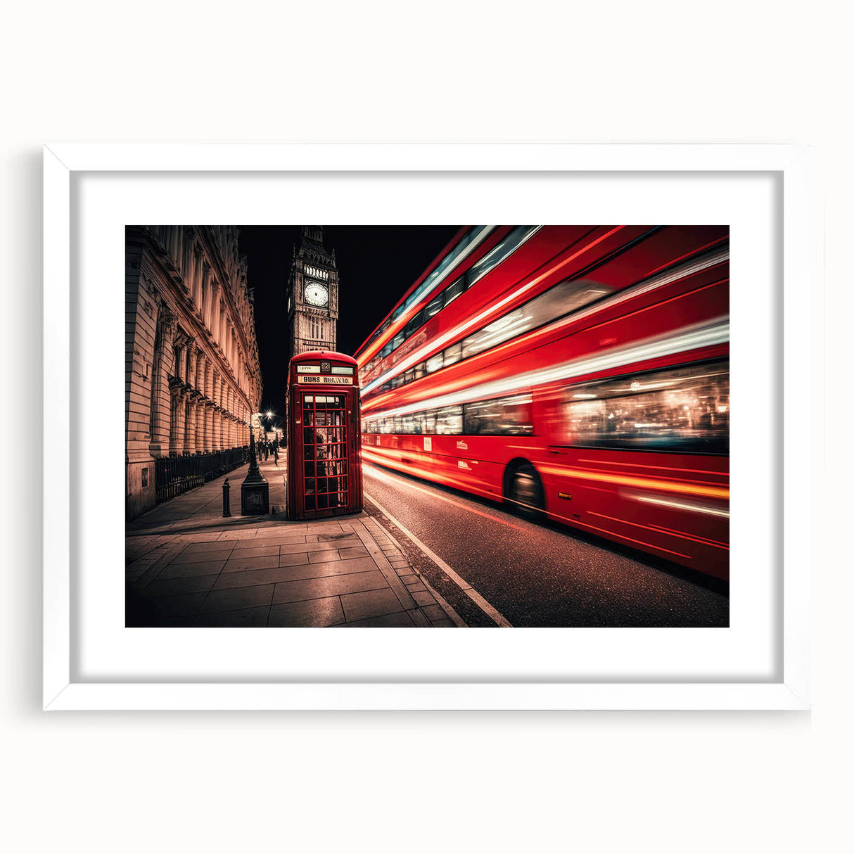 Abstract art print of colorful service vehicles on a white framed canvas, suitable for dining room decor.