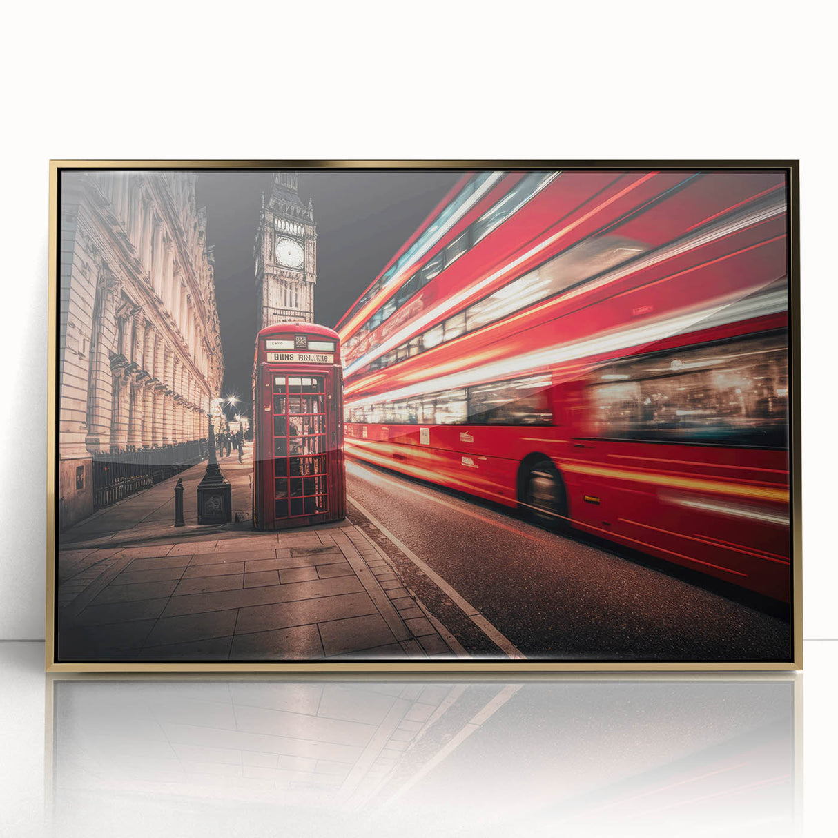 Mid-century modernist art print of colorful service vehicles on a gold-framed acrylic, suitable for nursery wall art.
