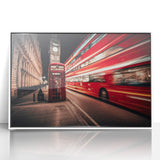 Art deco poster of vintage cars in muted blues and grays, acrylic print in white frame, suitable for nursery wall art.