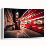 Vintage poster art of colorful service vehicles on a black background, framed canvas.