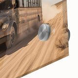 Large abstract wall art featuring assorted mid-century modernist service vehicles in muted colors.