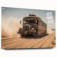 Acrylic print of a side-view of various service vehicles in muted colors, suitable for dining room or bedroom decor.