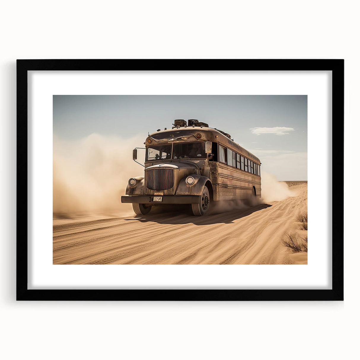 Extra large abstract art print of colorful, textured service vehicles on a black framed canvas, ideal for living room decor.