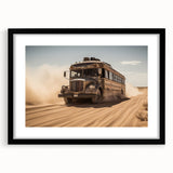 Extra large abstract art print of colorful, textured service vehicles on a black framed canvas, ideal for living room decor.