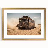 Extra large abstract art print featuring textured designs of service vehicles, in gold frame, suited for living room decor.