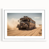 Abstract art print featuring a colorful depiction of various service vehicles on a white framed canvas.