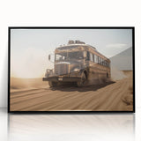 Large abstract wall art depicting assorted service vehicles in mid-century modernist style, framed in black acrylic.