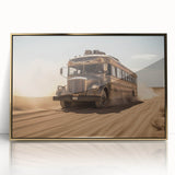 Mid-century modernist art of colorful service vehicles on a gold acrylic print, suited for nursery wall art.