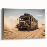 Framed canvas depicting a vintage black and colorful art landscape with service vehicles, ideal for a themed office decor.