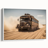 Vintage poster art of colorful service vehicles on a black background, framed canvas, ideal for living room decor.