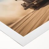 Art deco poster of colorful vintage cars on a rolled canvas, suitable for dining room wall art.