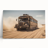 Black and white print of various service vehicles on a stretched canvas, ideal for kitchen art.
