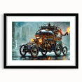 Extra large abstract art print of colorful, textured service vehicles on a black framed canvas, ideal for living room decor.