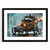 Extra large abstract art print of colorful, textured service vehicles on a black framed canvas, ideal for living room decor.