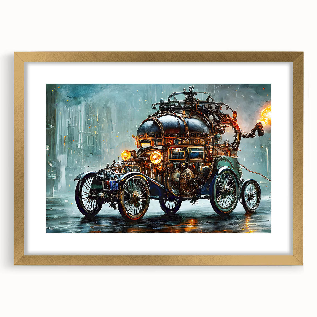 Abstract art print of service vehicles in textured gold and black tones on a large framed canvas.