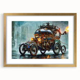 Abstract art print of service vehicles in textured gold and black tones on a large framed canvas.